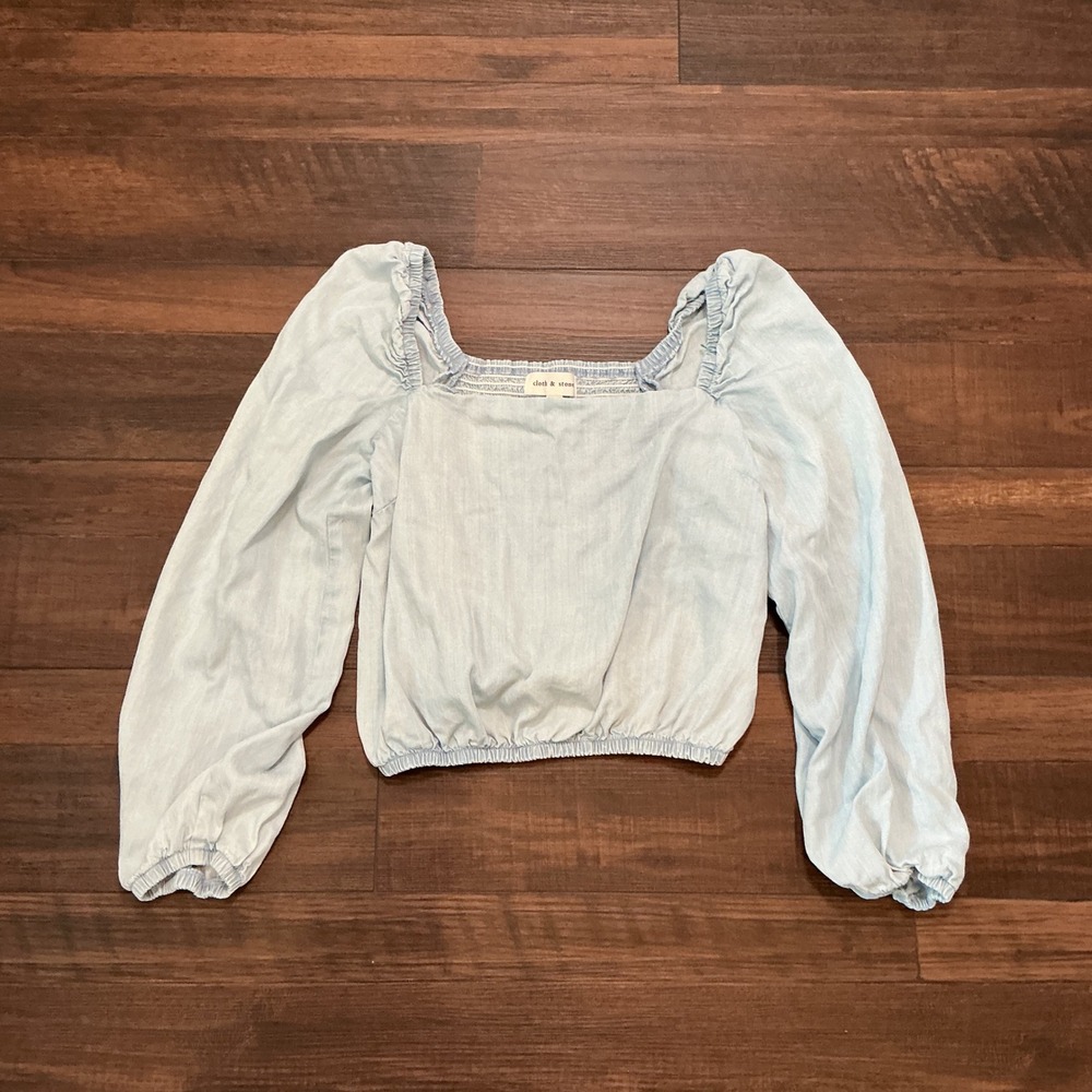 Cloth & Stone Smocked Back Puff Sleeve Top Light Blue Tencel Medium Boho Cropped